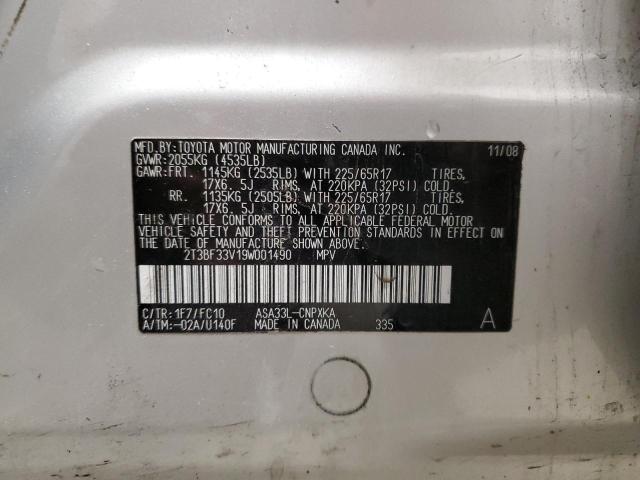 2T3BF33V19W001490 - 2009 TOYOTA RAV4 SILVER photo 13