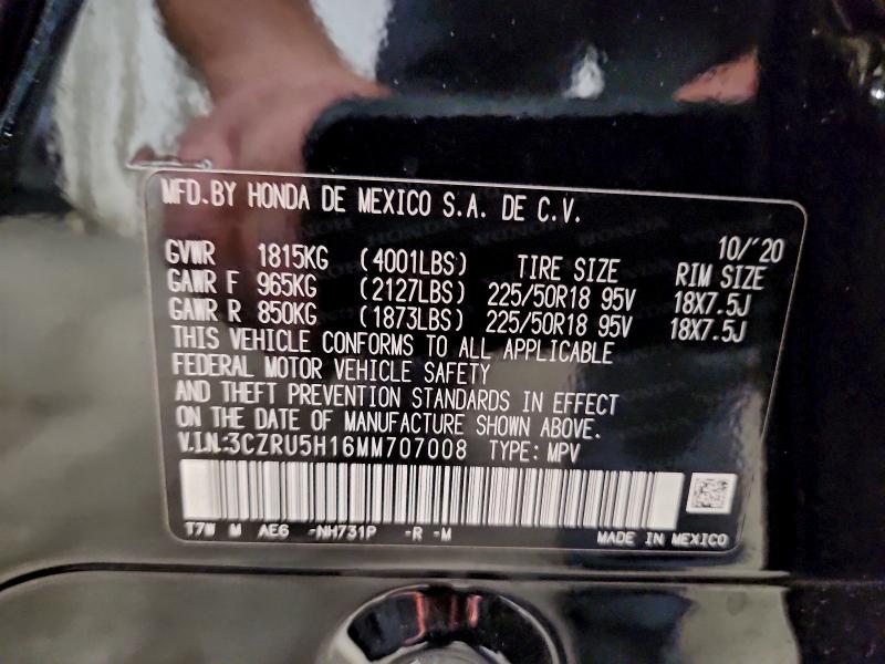 3CZRU5H16MM707008 - 2021 HONDA HR-V SPORT შავი ფოტო 12