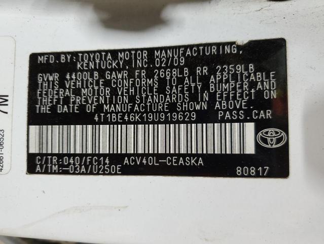 4T1BE46K19U919629 - 2009 TOYOTA CAMRY BASE WHITE photo 12