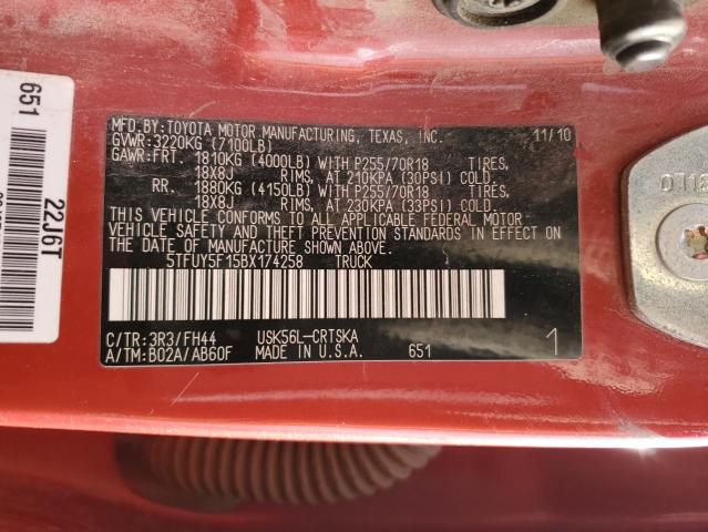 5TFUY5F15BX174258 - 2011 TOYOTA TUNDRA DOUBLE CAB SR5 RED photo 12