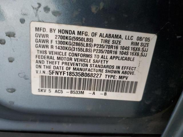 5FNYF18535B068227 - 2005 HONDA PILOT EXL TEAL photo 13