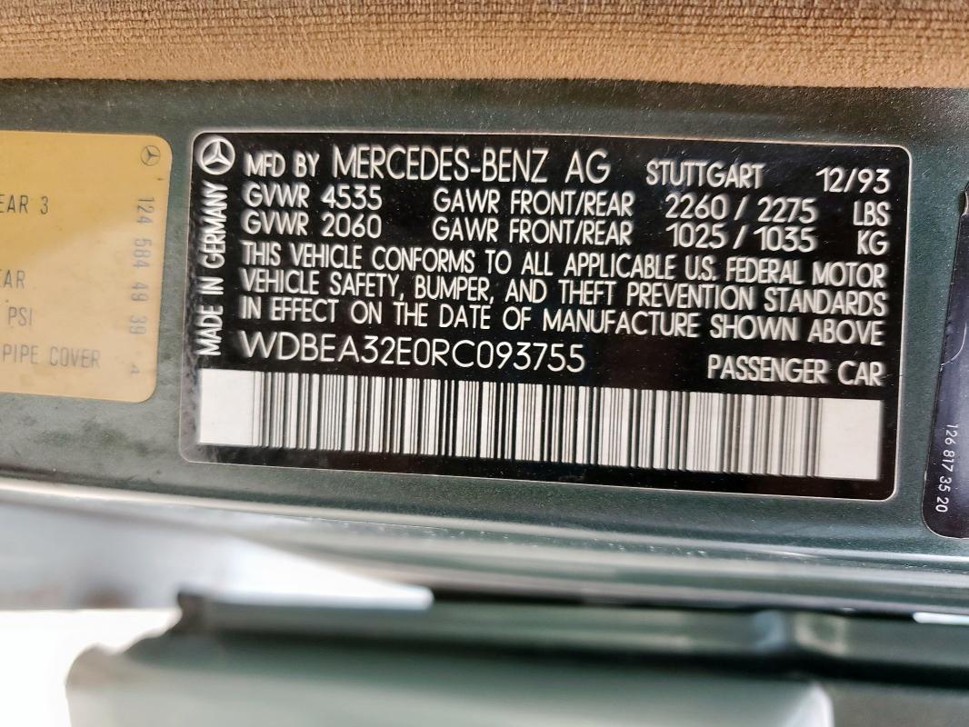 WDBEA32E0RC093755 - 1994 MERCEDES-BENZ E 320 მწვანე ფოტო 12