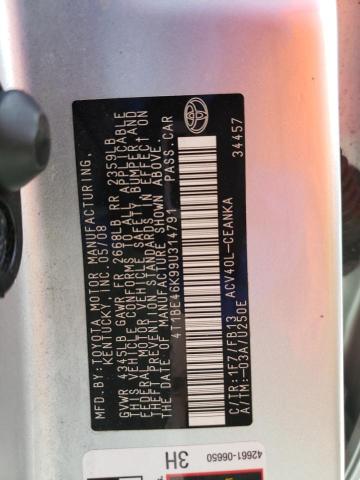 4T1BE46K99U314791 - 2009 TOYOTA CAMRY BASE SILVER photo 12