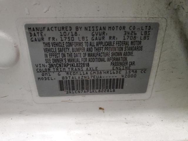 3N1CN7AP1KL822818 - 2019 NISSAN VERSA S Biały zdjęcie 12