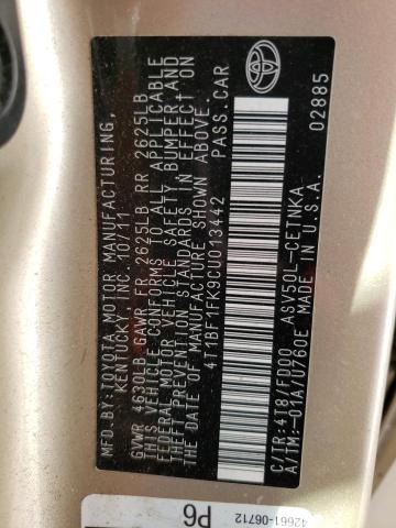 4T1BF1FK9CU013442 - 2012 TOYOTA CAMRY BASE TAN photo 12