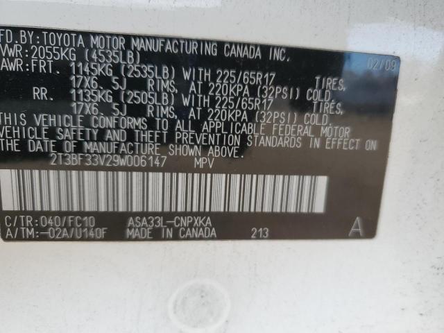 2T3BF33V29W006147 - 2009 TOYOTA RAV4 WHITE photo 13