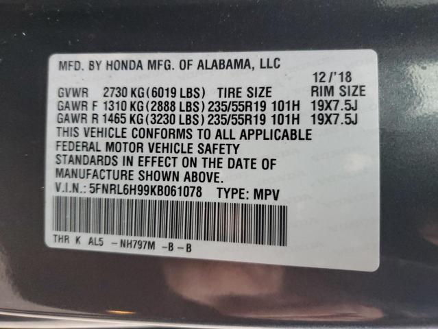 5FNRL6H99KB061078 - 2019 HONDA ODYSSEY ELITE Gris photo 14