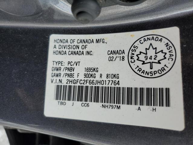 2HGFC2F66JH017764 - 2018 HONDA CIVIC LX ნაცრისფერი ფოტო 12