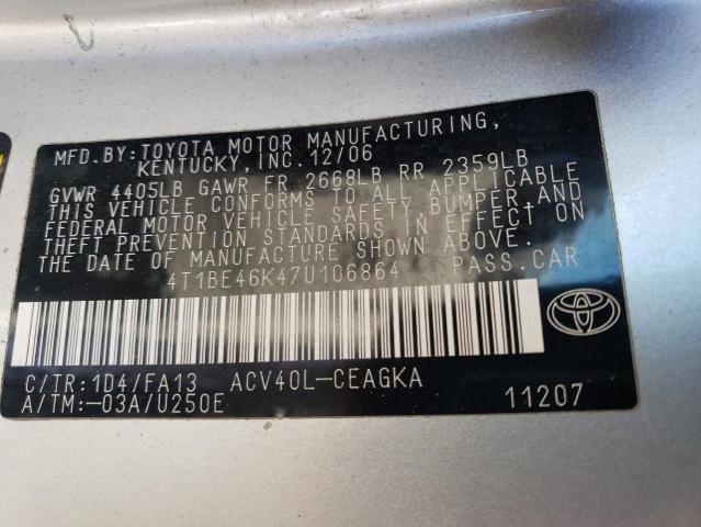 4T1BE46K47U106864 - 2007 TOYOTA CAMRY CE SILVER photo 12