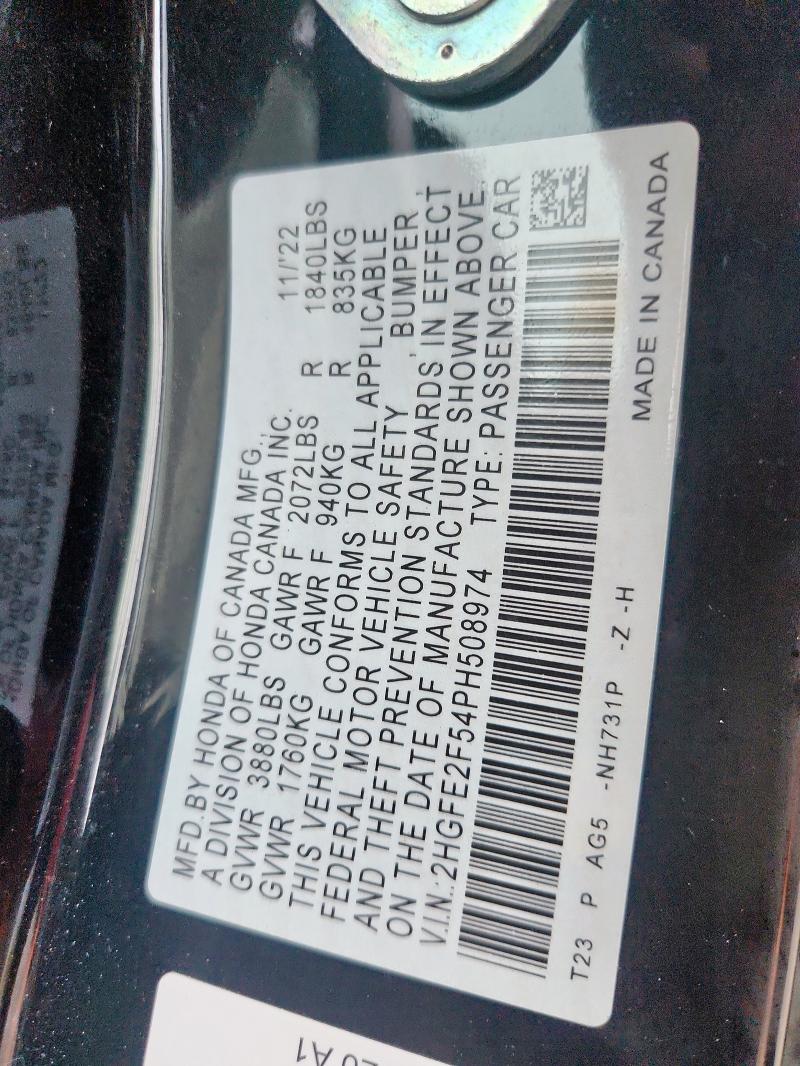 2HGFE2F54PH508974 - 2023 HONDA CIVIC SPORT Սև լուսանկար 12