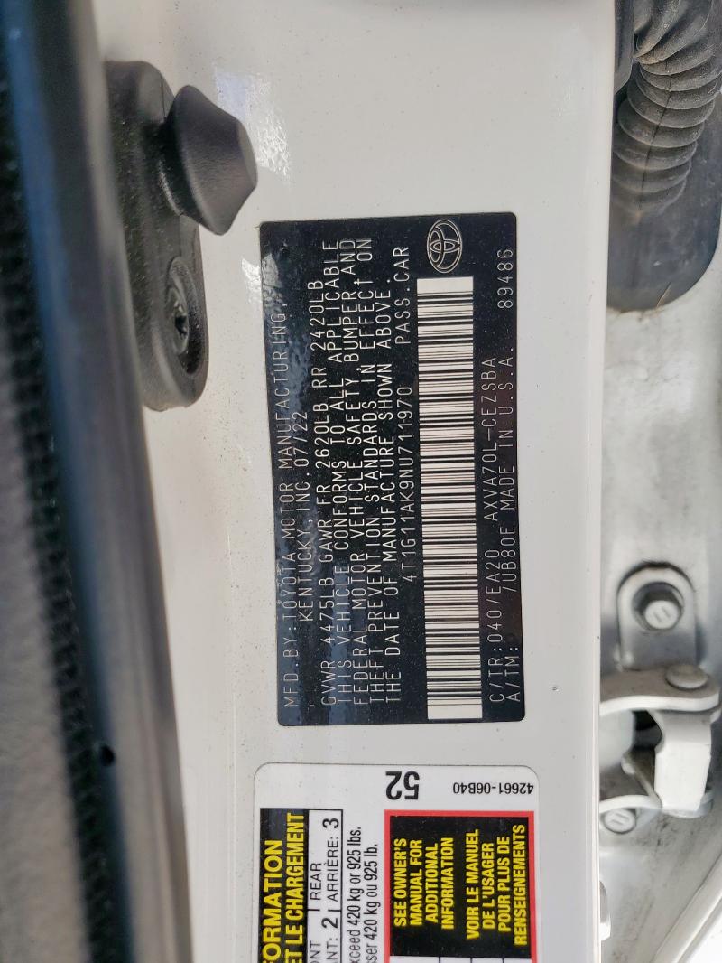 4T1G11AK9NU711970 - 2022 TOYOTA CAMRY SE WHITE photo 13