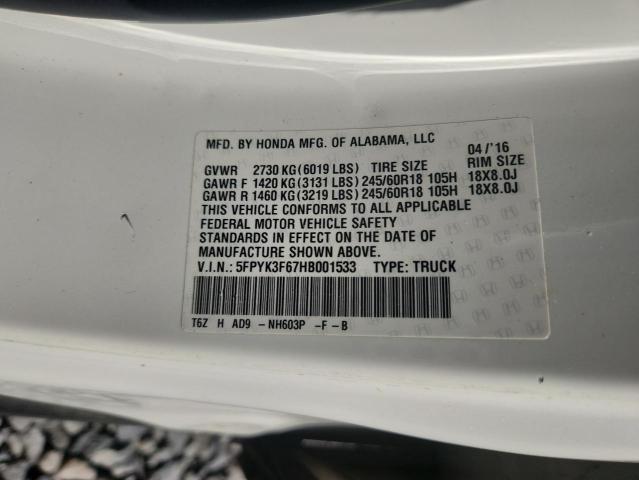 5FPYK3F67HB001533 - 2017 HONDA RIDGELINE RTL 白色 照片 12