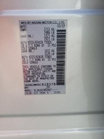 5N1DR2MM4KC618578 - 2019 NISSAN PATHFINDER S Արծաթագույն լուսանկար 13