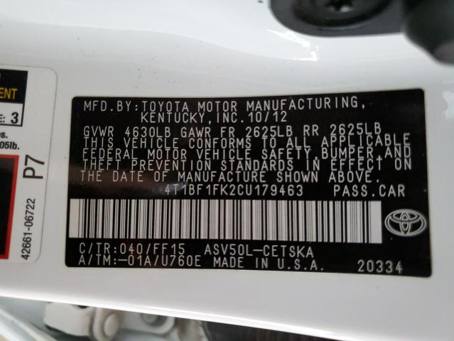 4T1BF1FK2CU179463 - 2012 TOYOTA CAMRY BASE WHITE photo 12