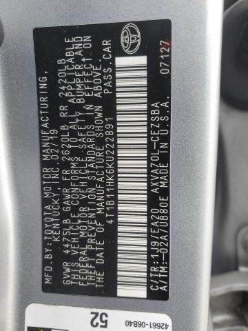4T1B11HK6KU222891 - 2019 TOYOTA CAMRY L 银色 照片 12