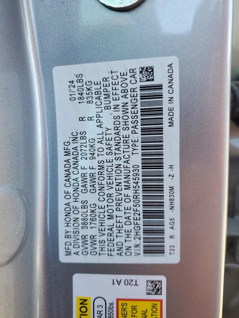 2HGFE2F50RH545930 - 2024 HONDA CIVIC SPORT SILVER photo 12