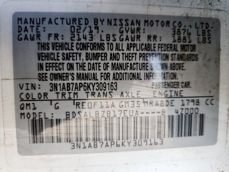 3N1AB7AP6KY309163 - 2019 NISSAN SENTRA S WHITE photo 13