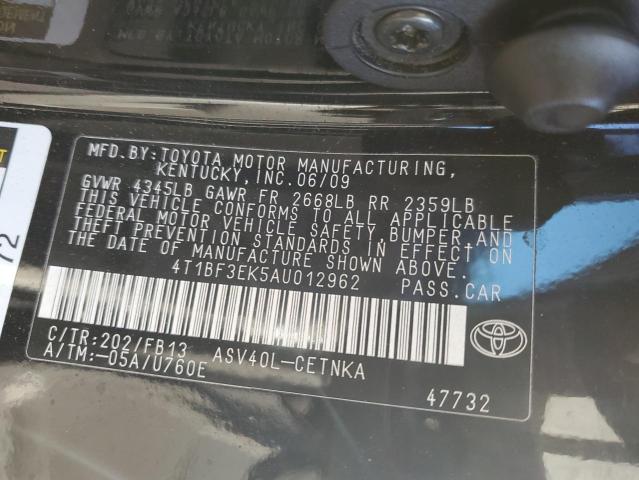 4T1BF3EK5AU012962 - 2010 TOYOTA CAMRY BASE BLACK photo 12