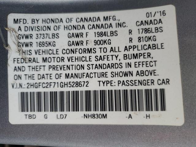 2HGFC2F71GH528672 - 2016 HONDA CIVIC EX SILVER photo 13