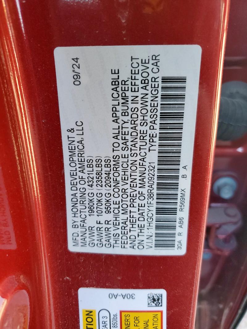 1HGCY1F38RA092321 - 2024 HONDA ACCORD EX MAROON photo 12