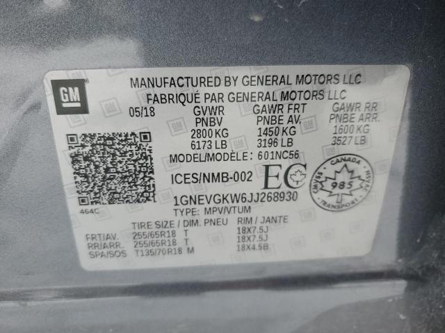 1GNEVGKW6JJ268930 - 2018 CHEVROLET TRAVERSE LT CHARCOAL photo 14