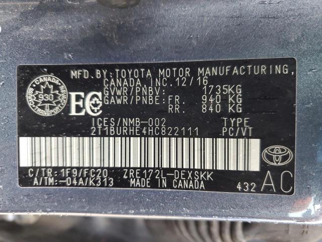 2T1BURHE4HC822111 - 2017 TOYOTA COROLLA L GRAY photo 12