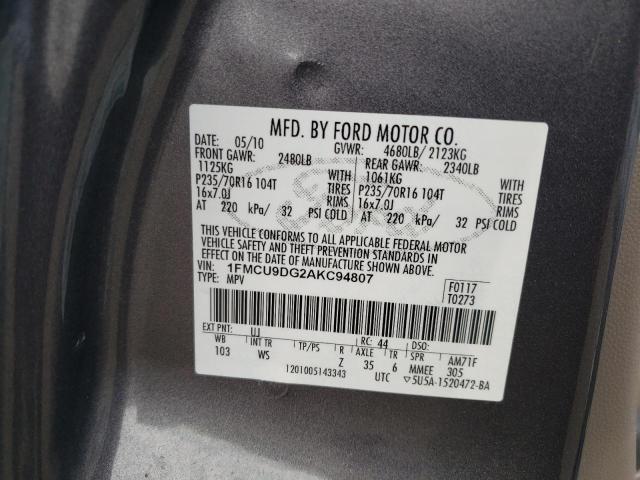1FMCU9DG2AKC94807 - 2010 FORD ESCAPE XLT GRAY photo 13