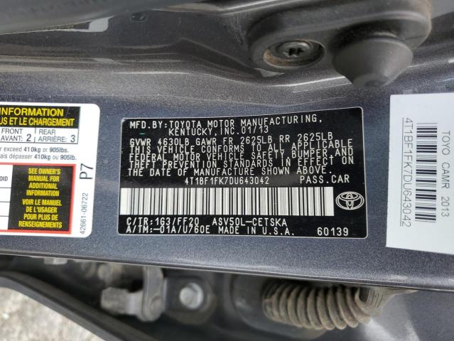4T1BF1FK7DU643042 - 2013 TOYOTA CAMRY L 灰色 照片 12