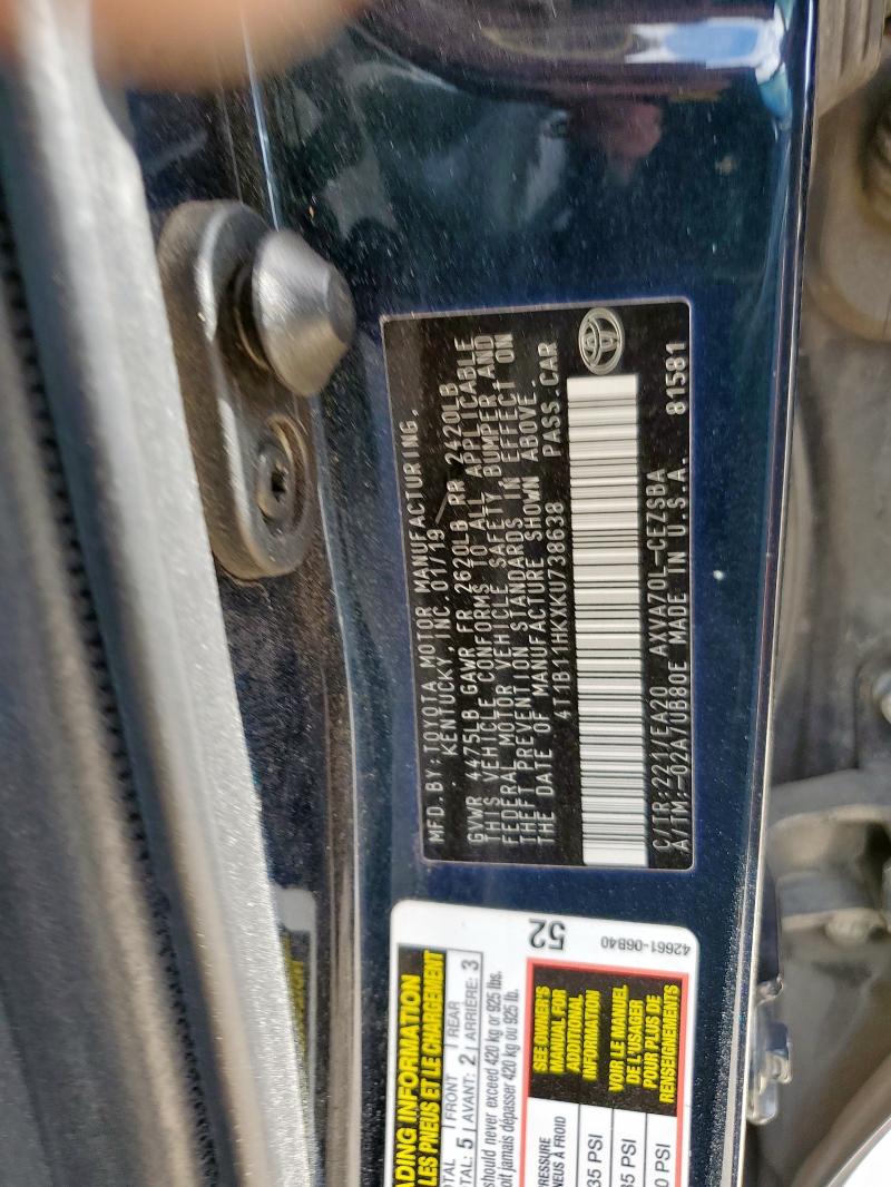 4T1B11HKXKU738638 - 2019 TOYOTA CAMRY L Niebieski zdjęcie 12