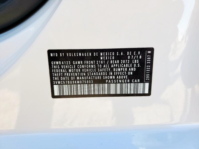 3VWC57BU9KM075803 - 2019 VOLKSWAGEN JETTA S WHITE photo 12