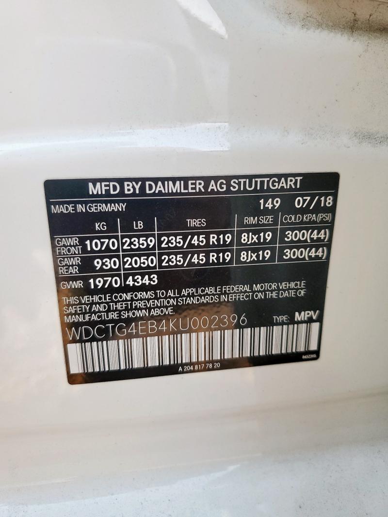 WDCTG4EB4KU002396 - 2019 MERCEDES-BENZ GLA 250 WHITE photo 12