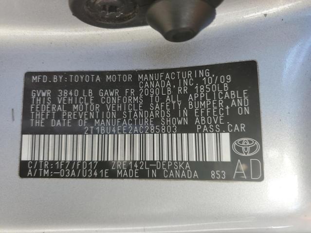 2T1BU4EE2AC285803 - 2010 TOYOTA COROLLA BASE SILVER photo 12