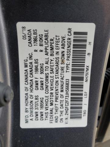 2HGFC2F73JH566833 - 2018 HONDA CIVIC EX Boz foto 12