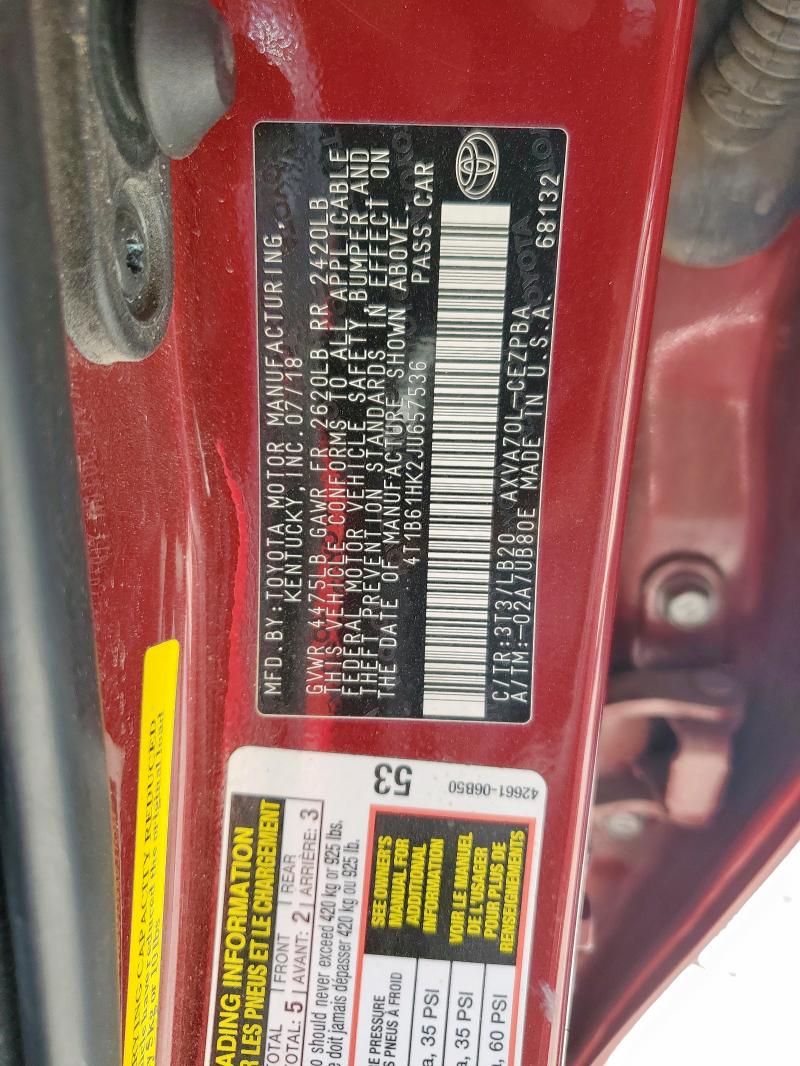 4T1B61HK2JU657536 - 2018 TOYOTA CAMRY XSE Burgund zdjęcie 12