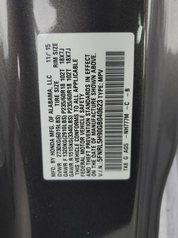 5FNRL5H90GB040623 - 2016 HONDA ODYSSEY TOURING GRAY photo 13