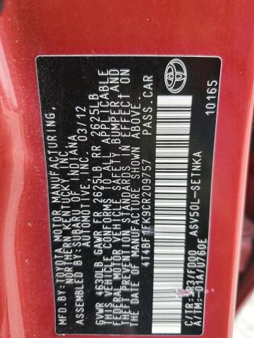 4T4BF1FK9CR209757 - 2012 TOYOTA CAMRY BASE RED photo 13