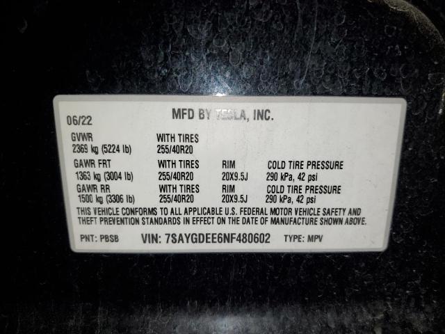 7SAYGDEE6NF480602 - 2022 TESLA MODEL Y BLACK photo 13
