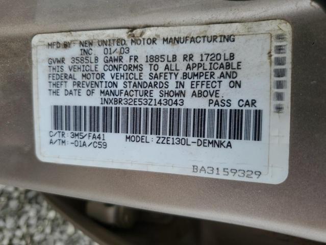 1NXBR32E53Z143043 - 2003 TOYOTA COROLLA CE GOLD photo 12