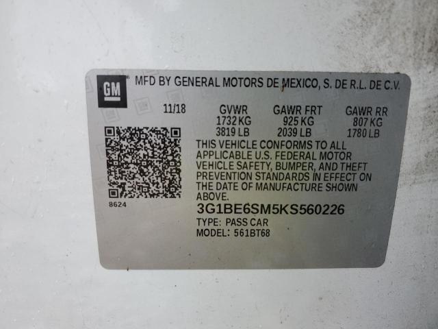 3G1BE6SM5KS560226 - 2019 CHEVROLET CRUZE LT WHITE photo 12