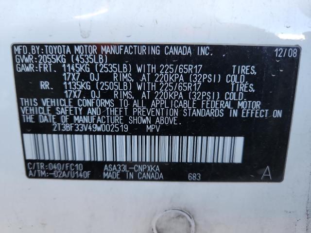 2T3BF33V49W002519 - 2009 TOYOTA RAV4 WHITE photo 13