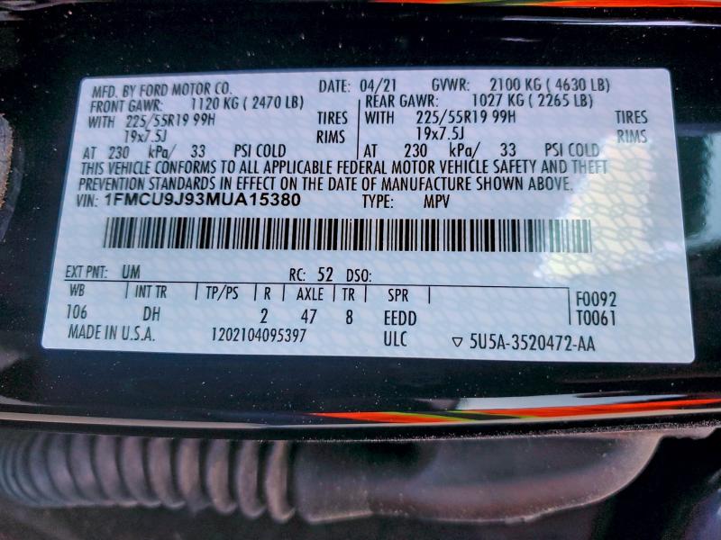 1FMCU9J93MUA15380 - 2021 FORD ESCAPE TITANIUM BLACK photo 14