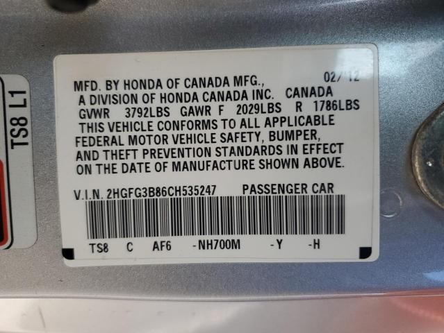 2HGFG3B86CH535247 - 2012 HONDA CIVIC EX SILVER photo 12