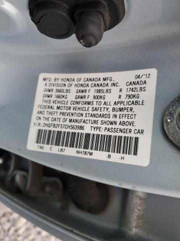 2HGFB2F57CH563986 - 2012 HONDA CIVIC LX SILVER photo 12