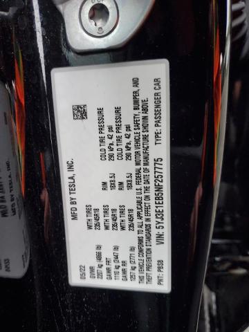 5YJ3E1EB5NF257775 - 2022 TESLA MODEL 3 黑色 照片 13