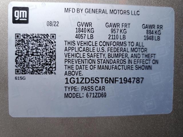 1G1ZD5ST6NF194787 - 2022 CHEVROLET MALIBU LT GOLD photo 12