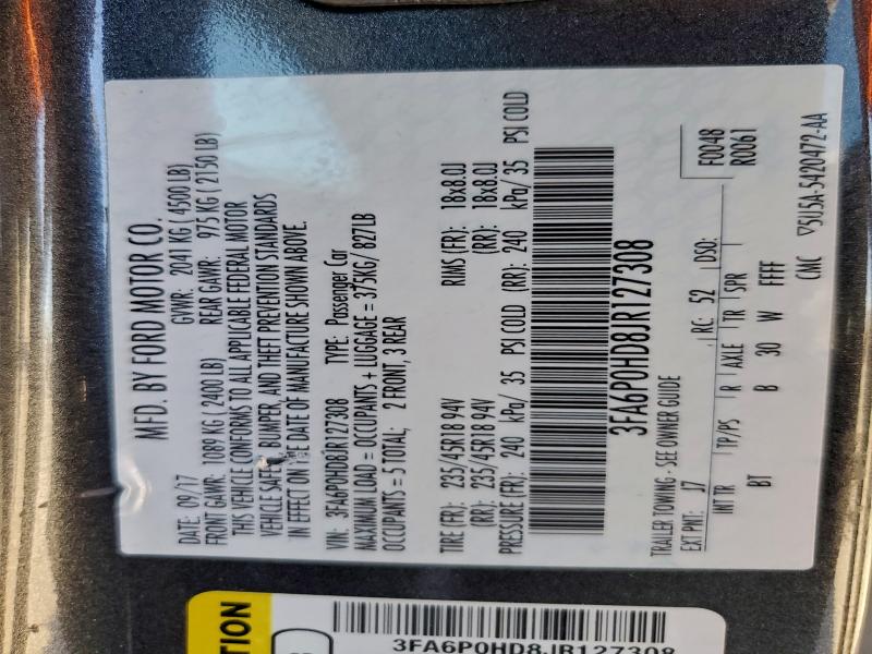 3FA6P0HD8JR127308 - 2018 FORD FUSION SE გრაფიტი ფოტო 12