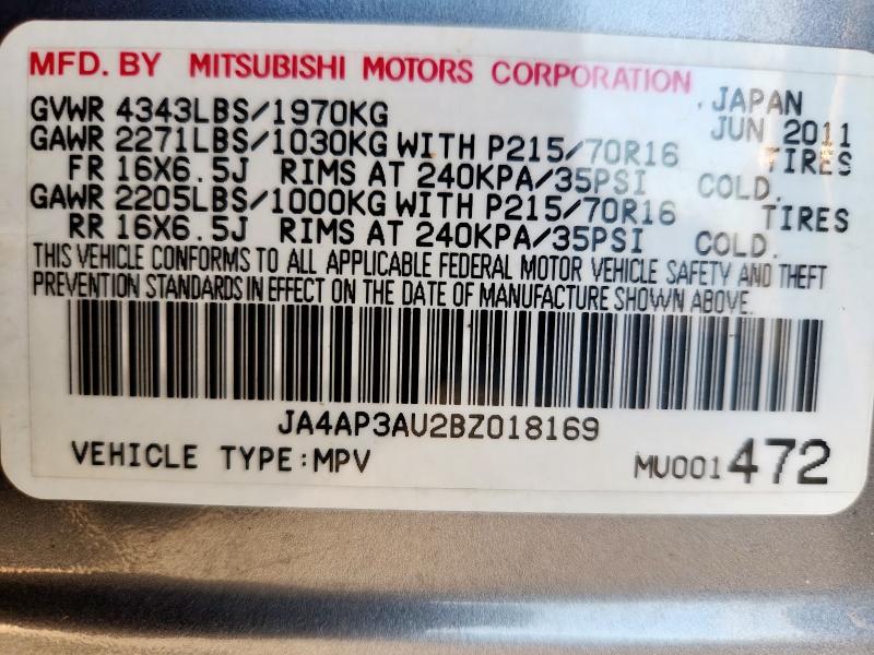 JA4AP3AU2BZ018169 - 2011 MITSUBISHI OUTLANDER ES Сұр фото 12