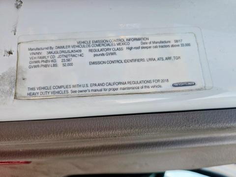 3AKJGLDR0JSJK5409 - 2018 FREIGHTLINER CASCADIA 1 WHITE photo 10