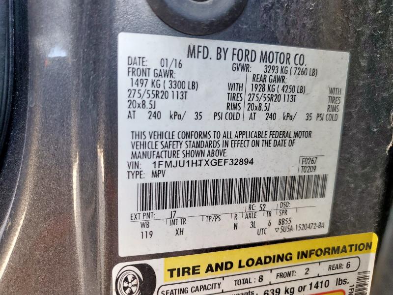 1FMJU1HTXGEF32894 - 2016 FORD EXPEDITION XLT ნაცრისფერი ფოტო 13