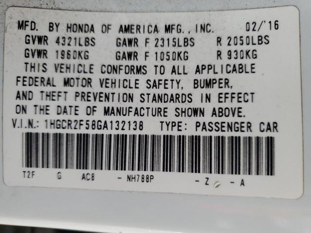 1HGCR2F58GA132138 - 2016 HONDA ACCORD SPORT WHITE photo 12